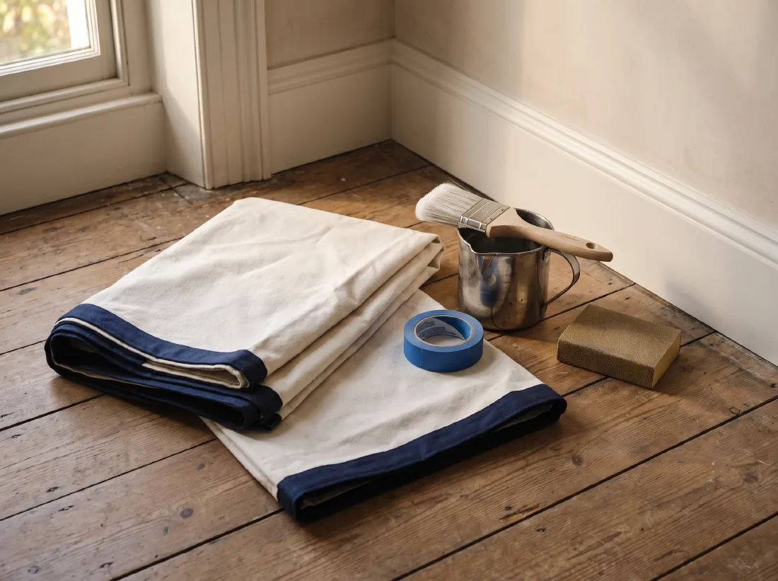 A painter’s prepared work area with drop sheet, masking tape, brush and paint kettle