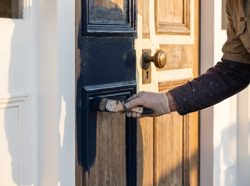 A brush laying off navy enamel on a panelled timber front door