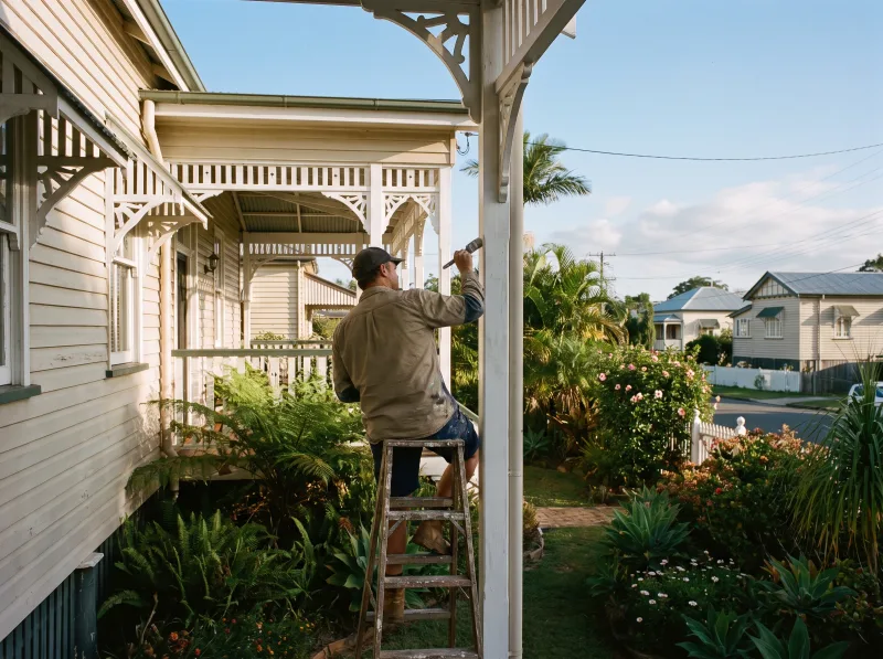 A painter working on the verandah of a Brisbane Queenslander