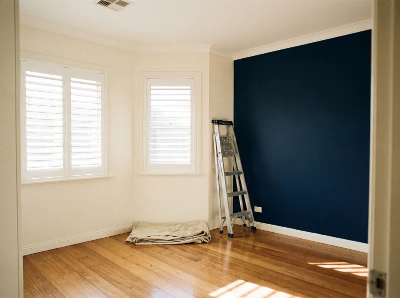 A freshly repainted bedroom with a deep navy feature wall and timber floorboards